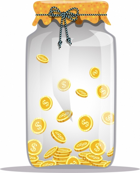 savings concept background glass jar golden coins icons