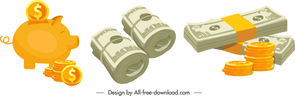 savings icons piggy bank cash coins sketch