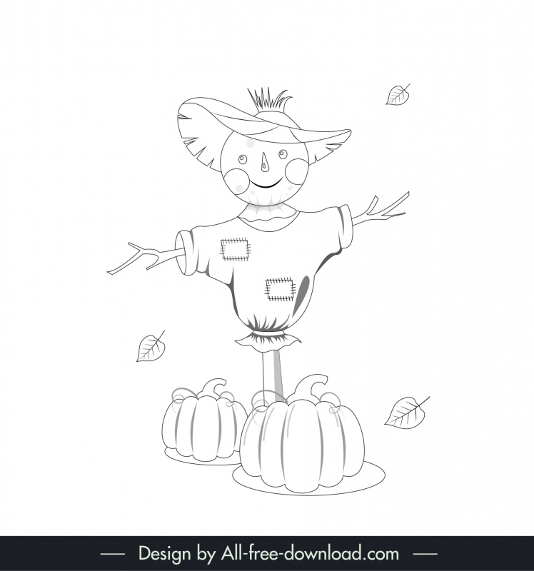 scarecrow design elements black white handdrawn outline