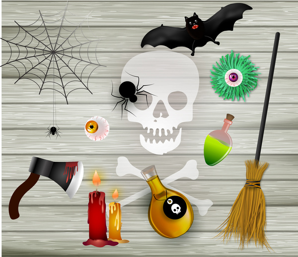 scary halloween icons sets on wooden background