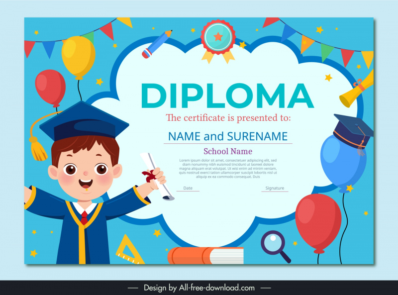 school diploma certificate template cute boy education elements