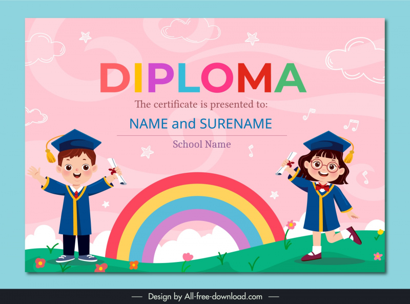 school diploma certificate template cute schoolchildren sky elements 
