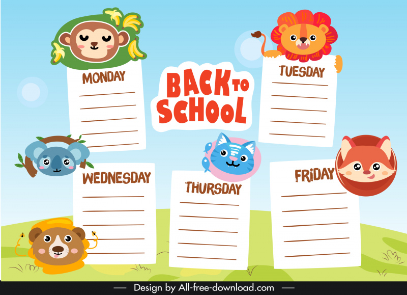 school timetable backdrop template cute cartoon animals face sketch