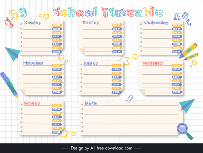 school timetable template classical handdrawn texts numbers educational elements sketch