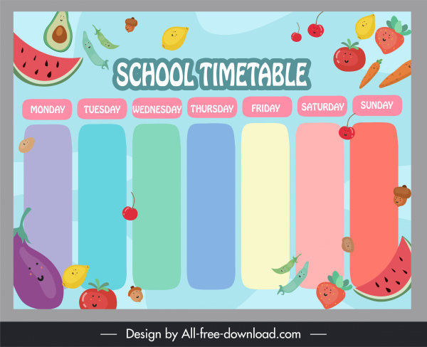 school timetable template colorful stylized fruit sketch