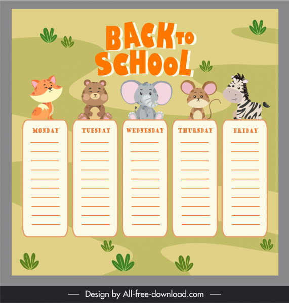 school timetable template cute cartoon animals sketch