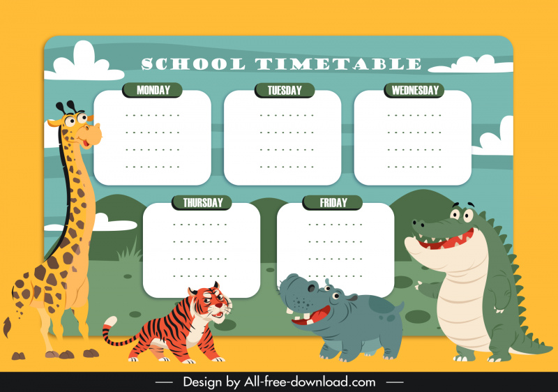 school timetable template cute cartoon giraffe tiger hippo alligator animals species sketch