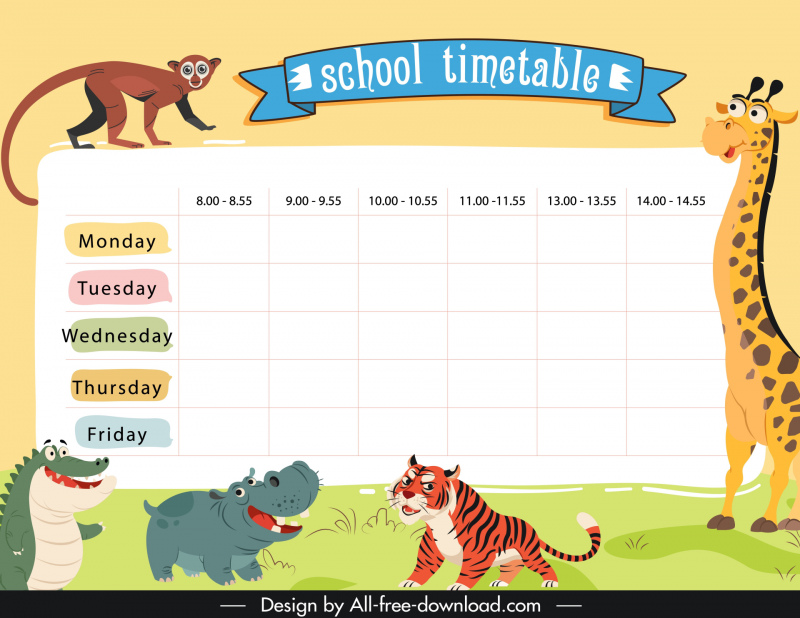 school timetable template cute cartoon giraffe tiger monkey hippo alligator animals species sketch 