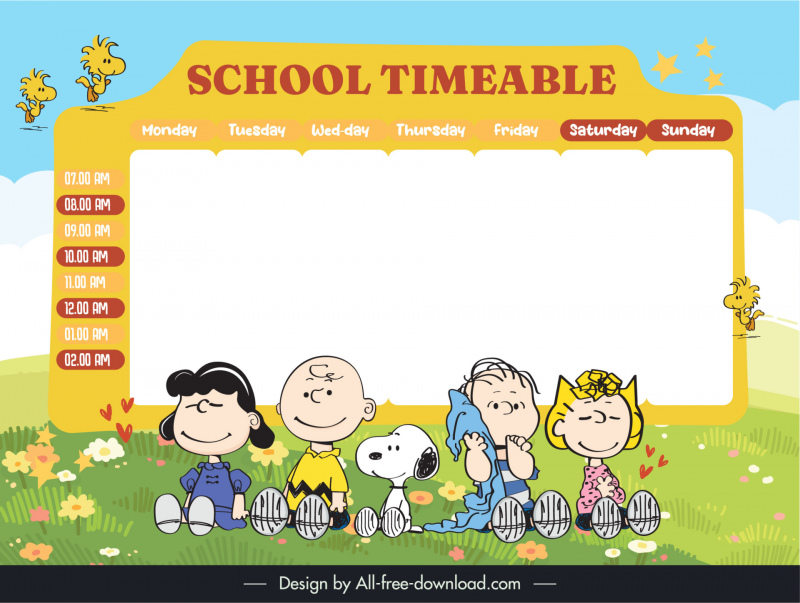 school timetable template cute handdrawn cartoon children meadow sketch