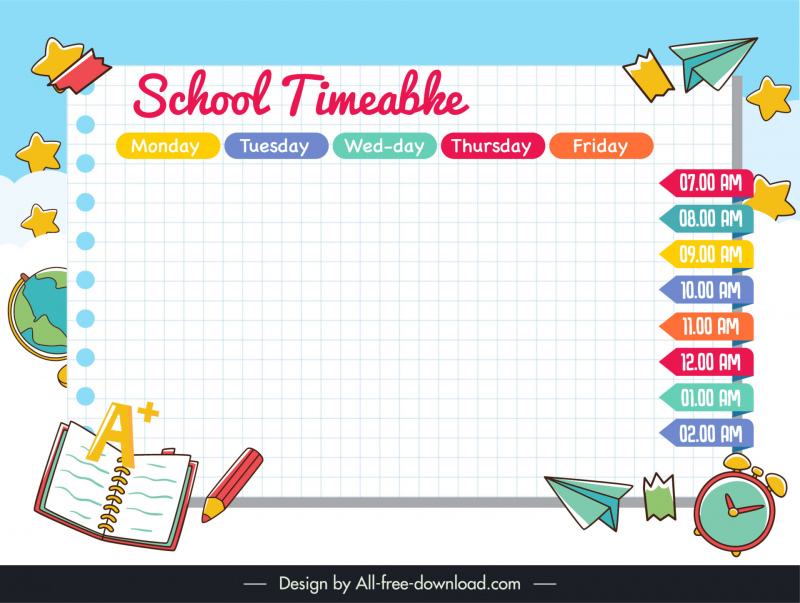 school timetable template flat classical handdrawn school elements sketch