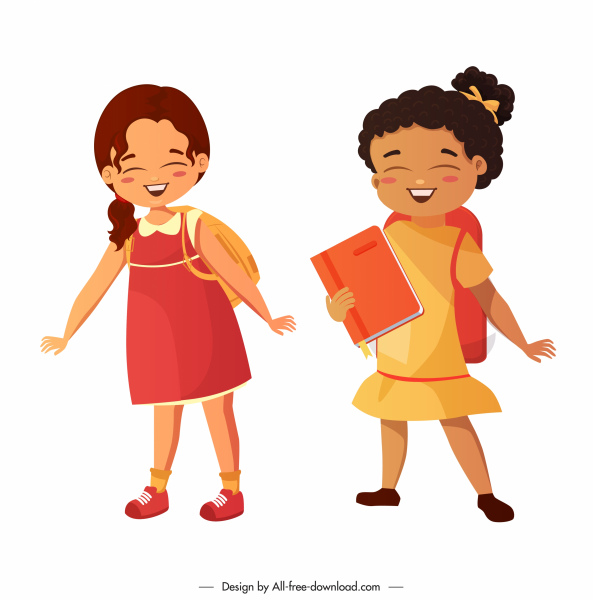 schoolgirls icons cute smiling sketch cartoon characters