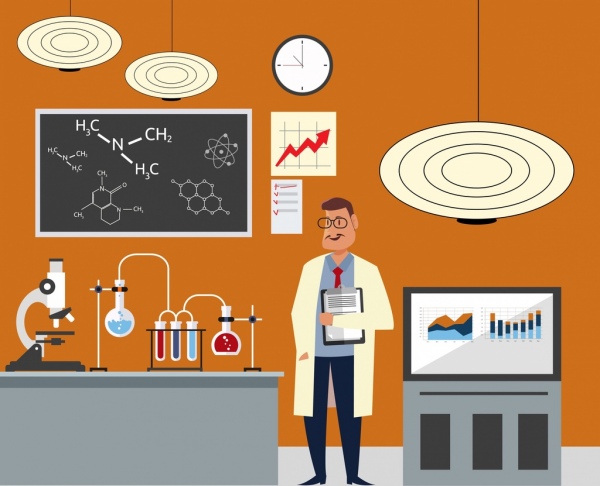 science background laboratory tools scientist icons cartoon design