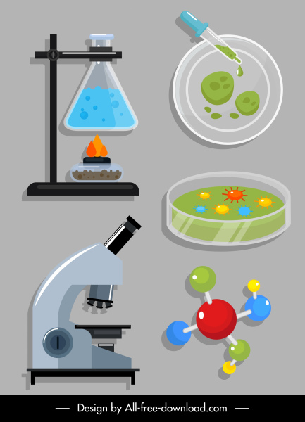 science lab tools icons glassware microscope molecular sketch