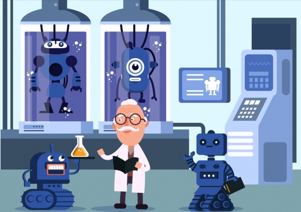 science work background scientist laboratory robot icons 