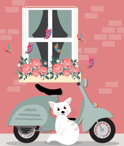 scooter drawing cat butterflies roses icons decor