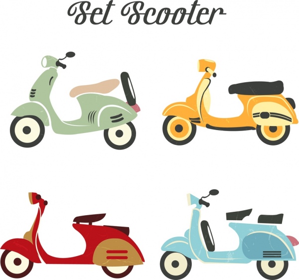 scooter icons collection classical colored sketch