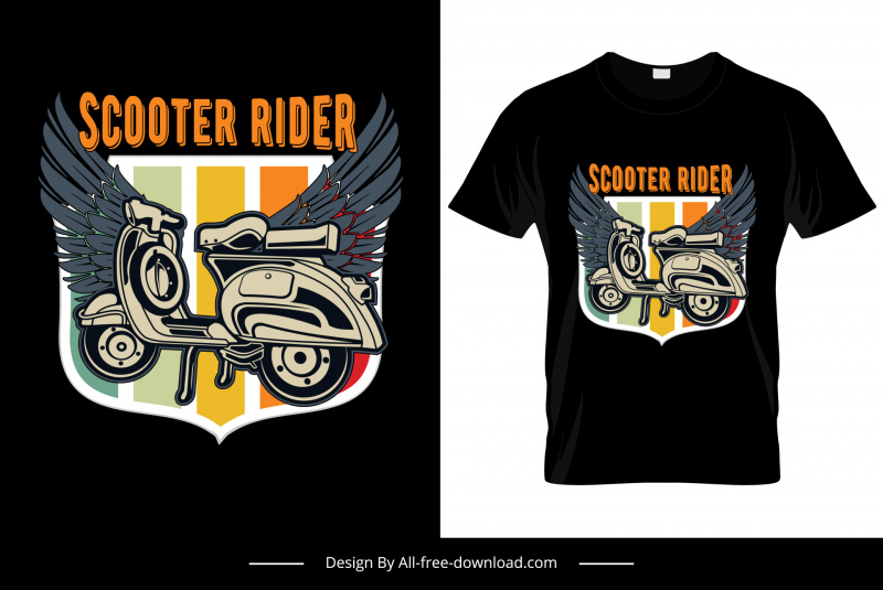 scooter rider tshirt template classical motorbike wings stripes sketch