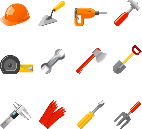 building work tools icons shiny modern objects sketch