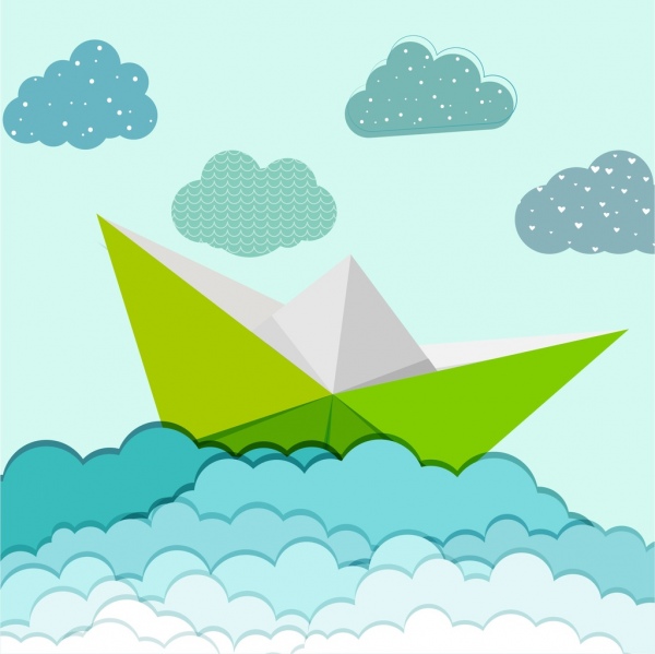 sea background cloud ship icons paper cut decor