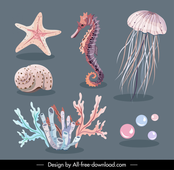 sea creatures icons classical handdrawn design