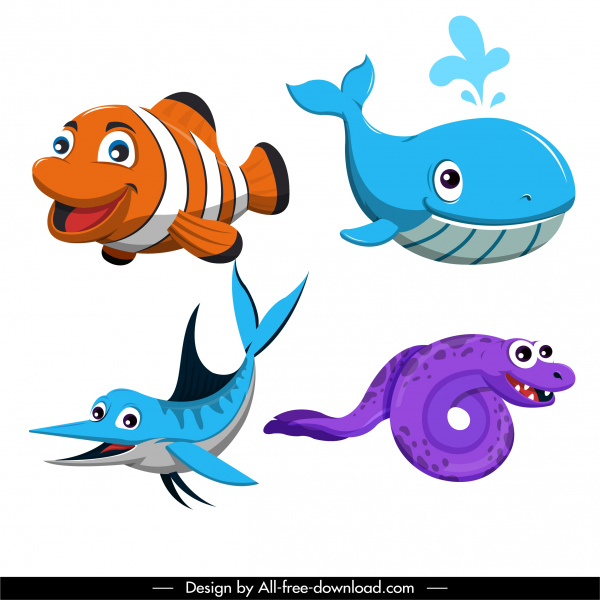 Sea creatures icons cute cartoon characters colored design Vectors graphic  art designs in editable .ai .eps .svg .cdr format free and easy download  unlimit id:6847519