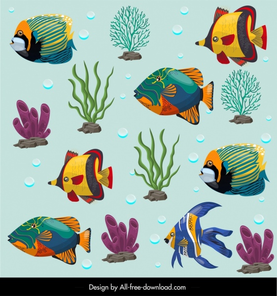 sea creatures pattern colorful fishes corals ornament