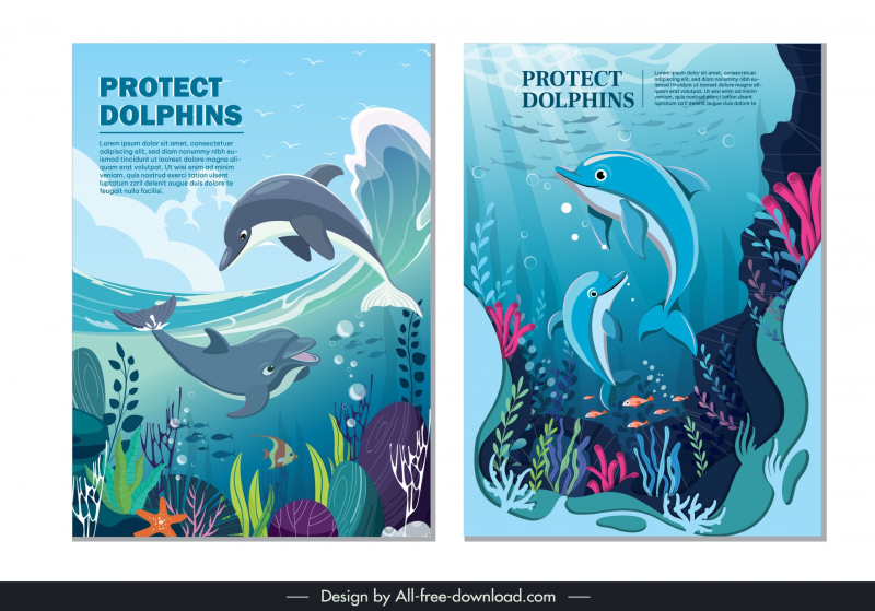 sea preservation banner template cute dolphin swimming over the ocean