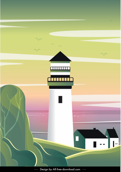 sea scene background lighthouse sketch colorful flat design