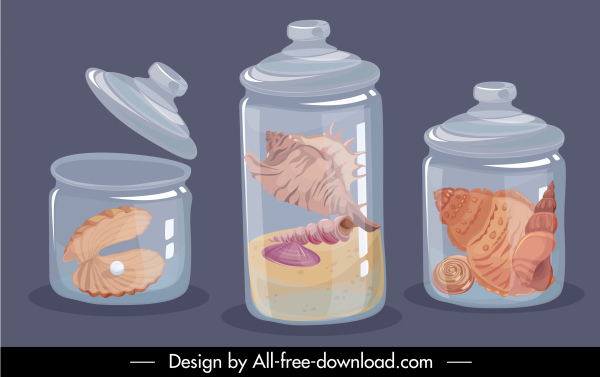sea species display icons jars sketch colored classic