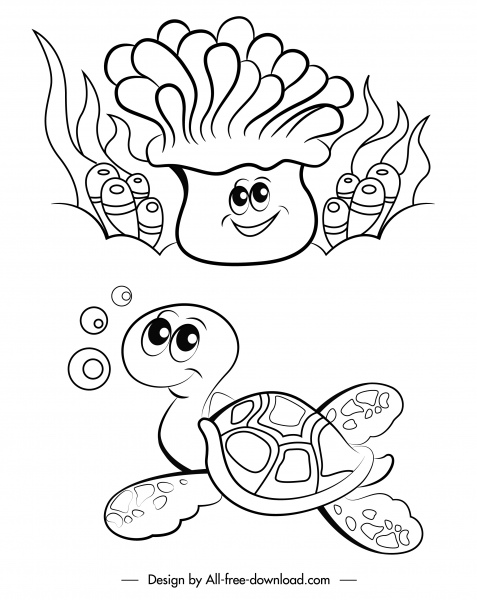 sea species icons coral turtle sketch stylized handdrawn