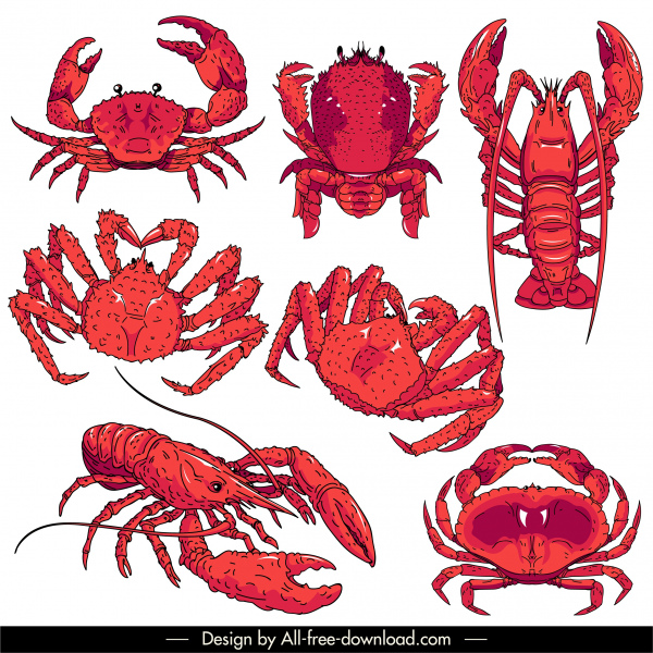 sea species icons red handdrawn sketch classical design