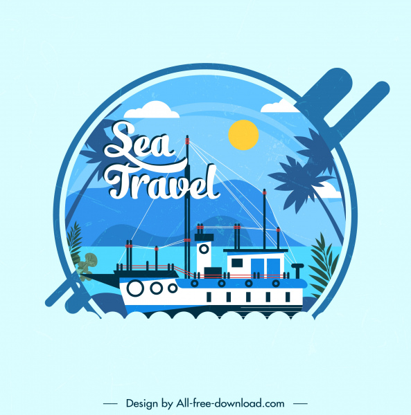 sea travel card background ship decor colorful flat