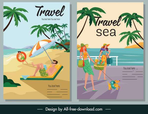 sea travel poster colorful cartoon sketch