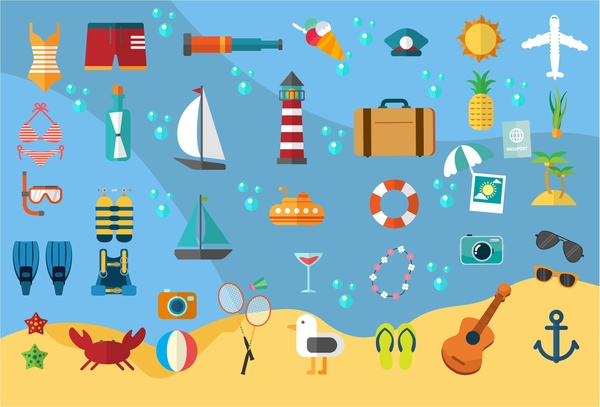 sea travel vector illustration with colored flat icons
