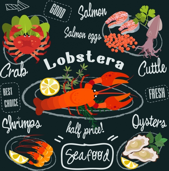 seafood advertisement colorful icons calligraphy decoration