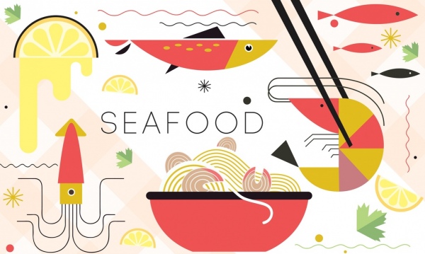 seafood background multicolored flat ornamental