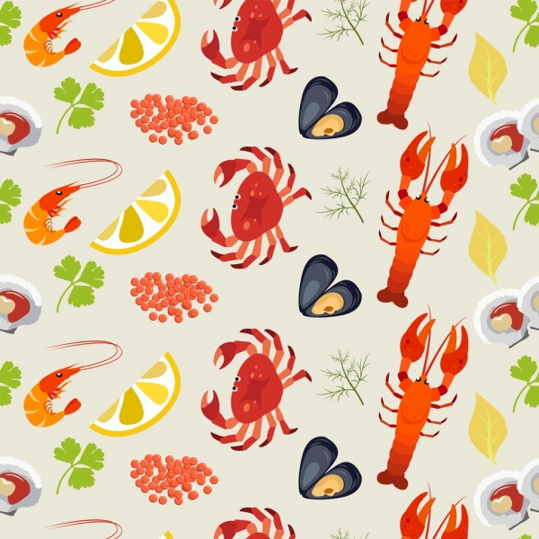 seafood background multicolored repeating marine species icons