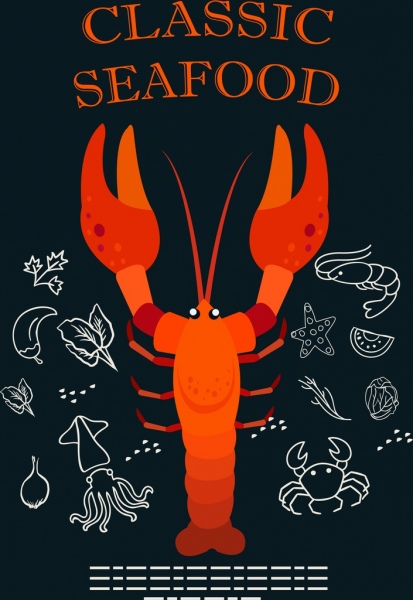 seafood background red lobster icon ingredients sketch