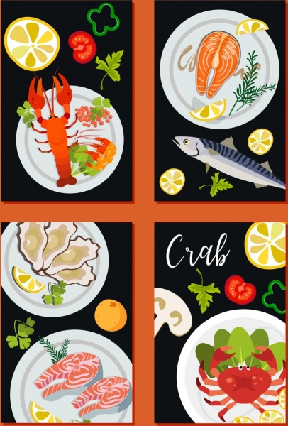 seafood background sets multicolored flat design