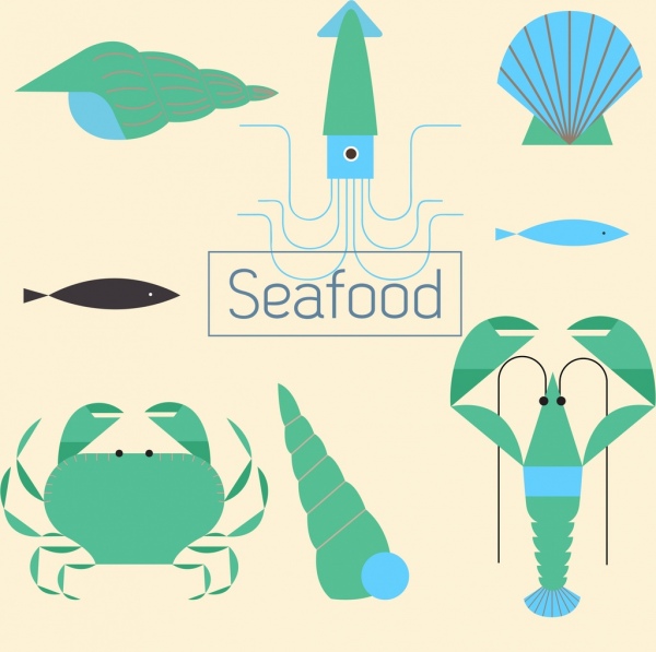 seafood design elements blue green flat sketch