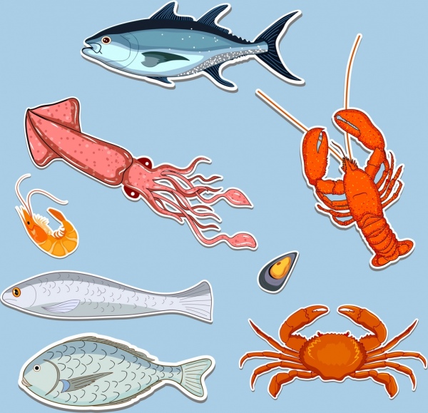 seafood icons collection multicolored paper cut decor