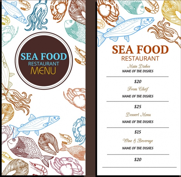 seafood menu template various marine species icons decor