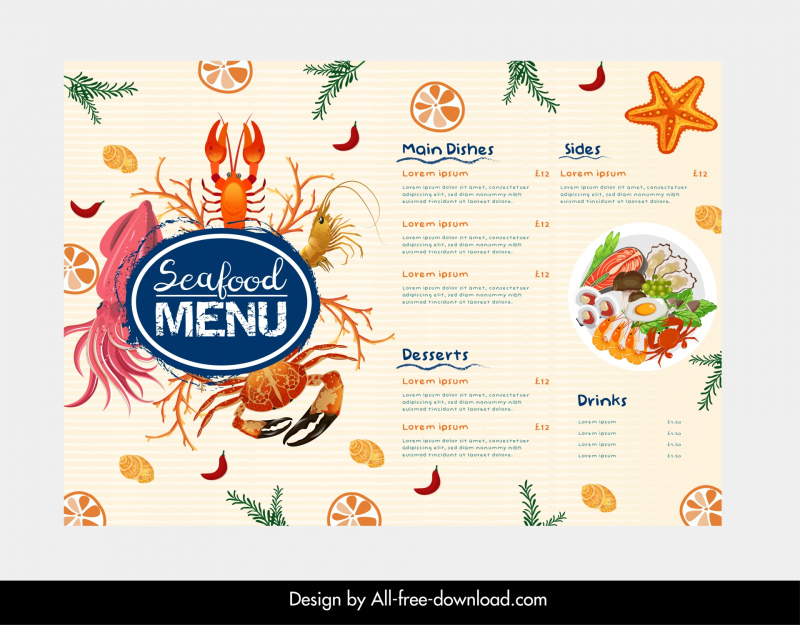 seafood restaurant template flat ingredients marine elements