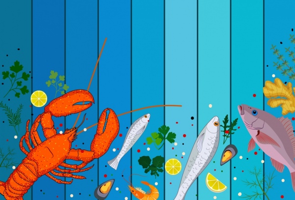 seafoods background colorful marine species icons decor