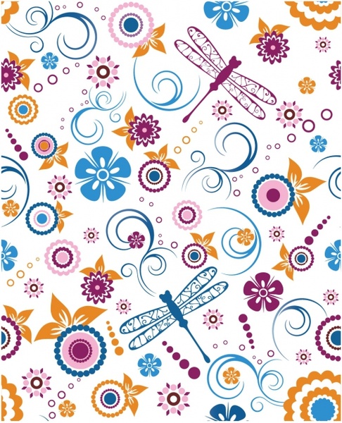 Seamless Dragonfly and Floral Pattern