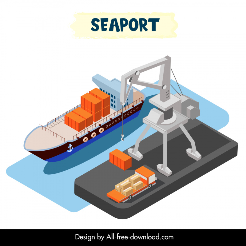 seaport delivery design elements 3d cargo ship gantry jetty outline 