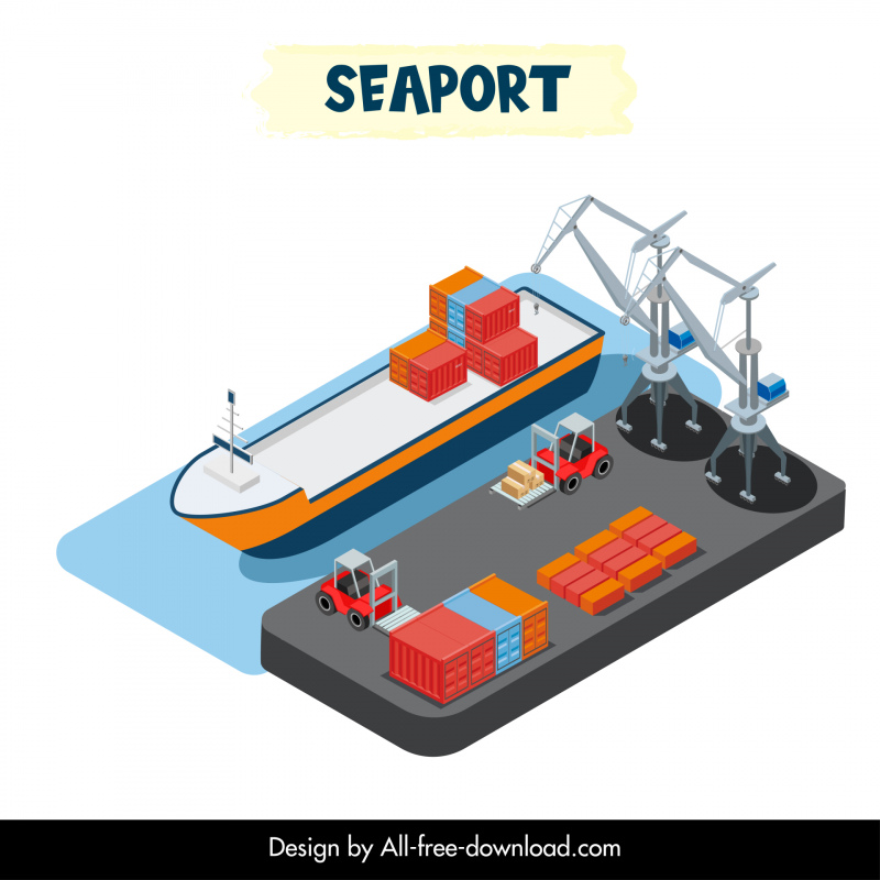 seaport logistics design elements 3d cargo vessel jetty transport elements sketch