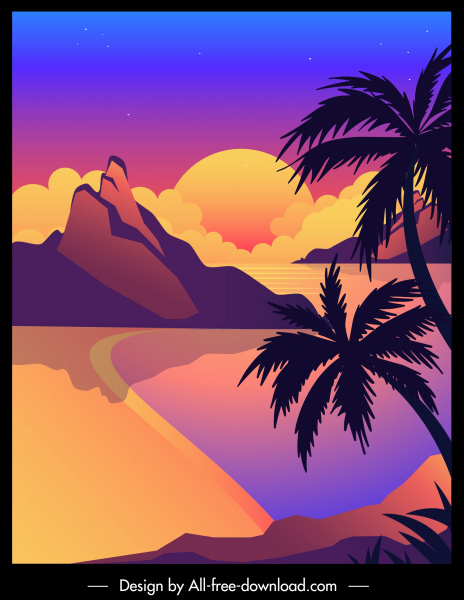 seaside painting sunset sketch colorful dark design