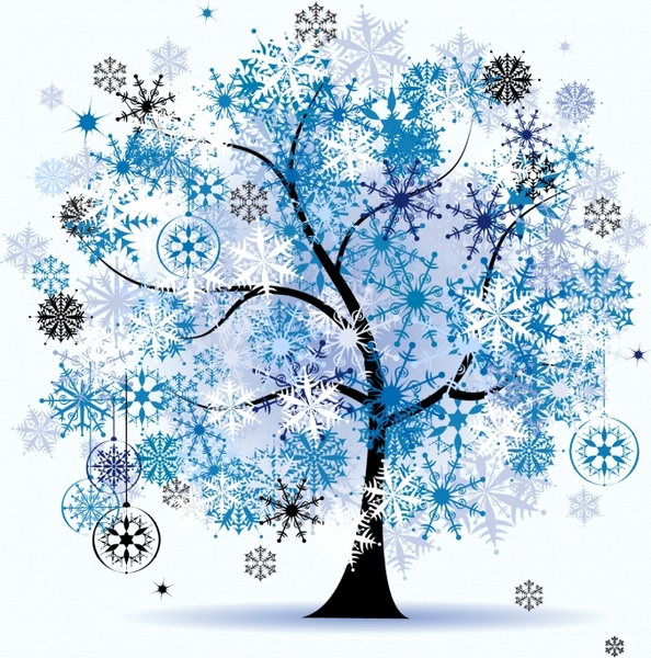 winter painting tree snowflakes icons decor flat sketch 