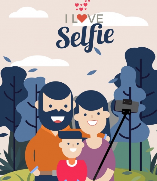 selfie banner happy family icon colored cartoon